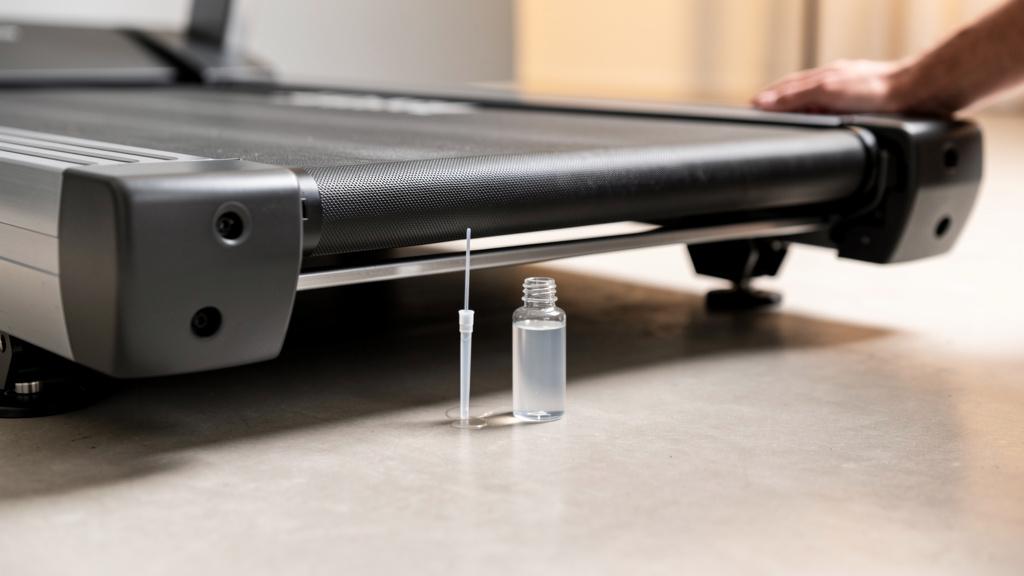 Application de lubrifiant silicone sous la ceinture d'un tapis de course