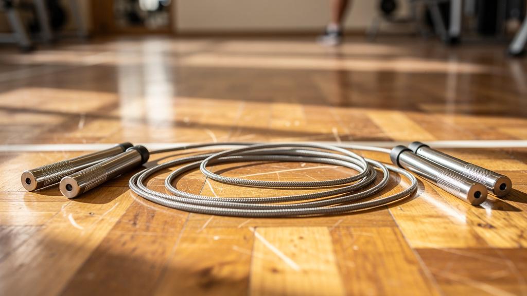 Cordes à sauter posées sur un parquet de salle de sport