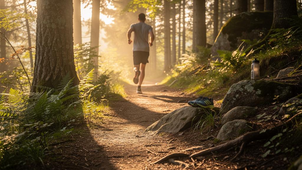Coureur sur un sentier de trail en forêt au lever du soleil