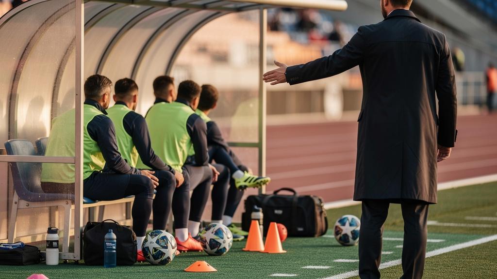 Entraîneur de football donnant des consignes à ses remplaçants sur le banc