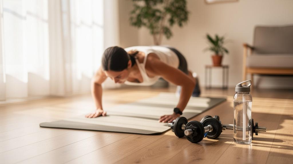 Femme effectuant des pompes sur un tapis de sol dans une pièce lumineuse