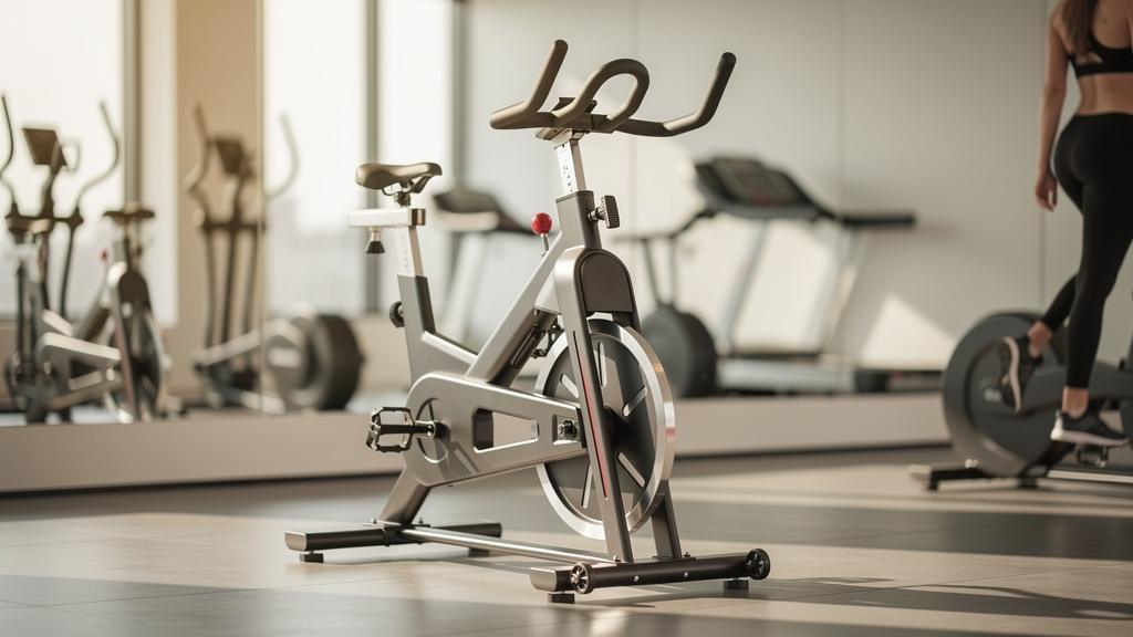Femme pédalant sur un vélo d'appartement dans une salle de sport