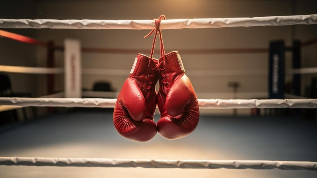 Gants de boxe rouges accrochés aux cordes d'un ring entre deux rounds