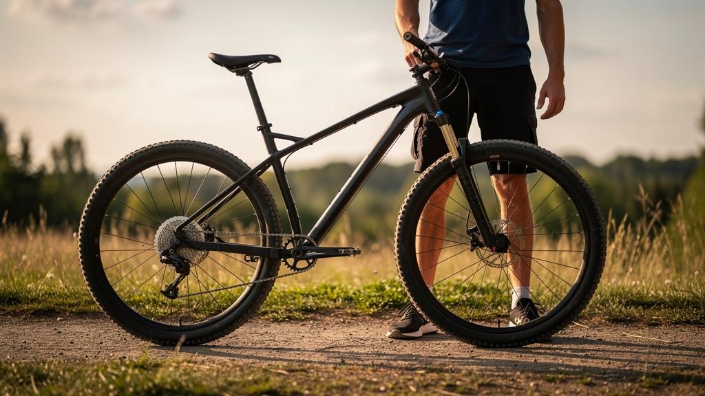 Homme debout à côté d'un VTT en extérieur pour comparer les dimensions