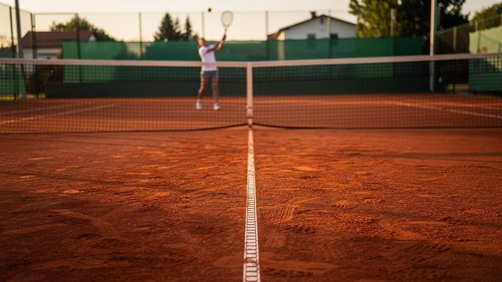 Joueur de tennis au service sur un court en terre battue