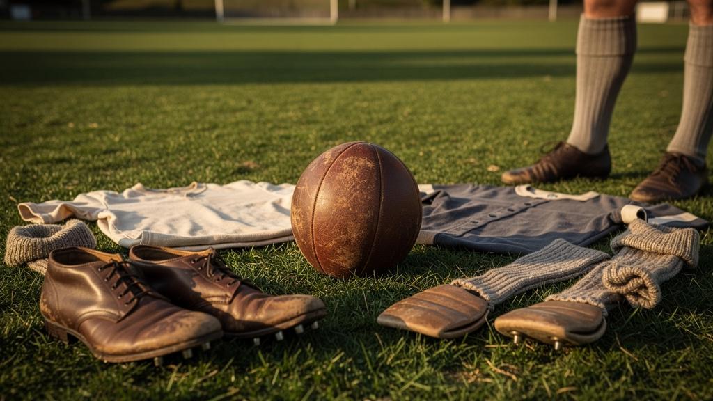 Joueurs de football en tenue ancienne sur un terrain en herbe