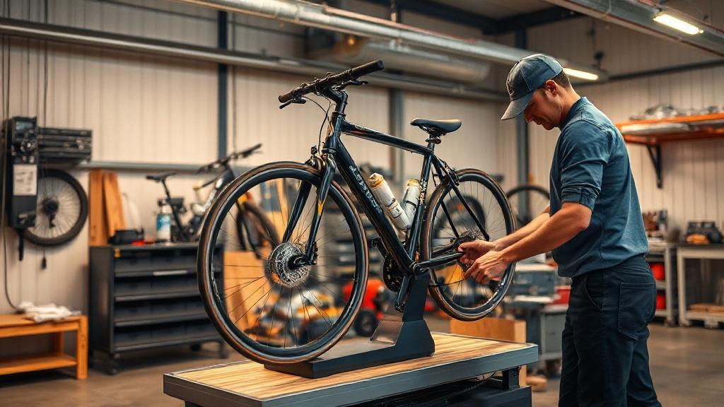 Mécanicien pesant un vélo de course sur une balance numérique