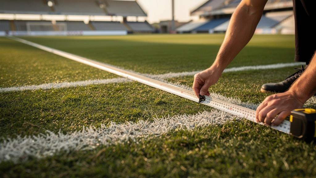 Technicien mesurant la ligne de touche d'un terrain de foot