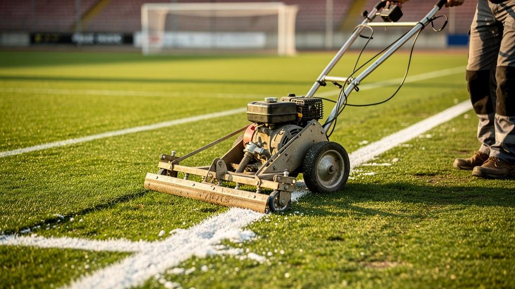 Technicien traçant les lignes d'un terrain de football