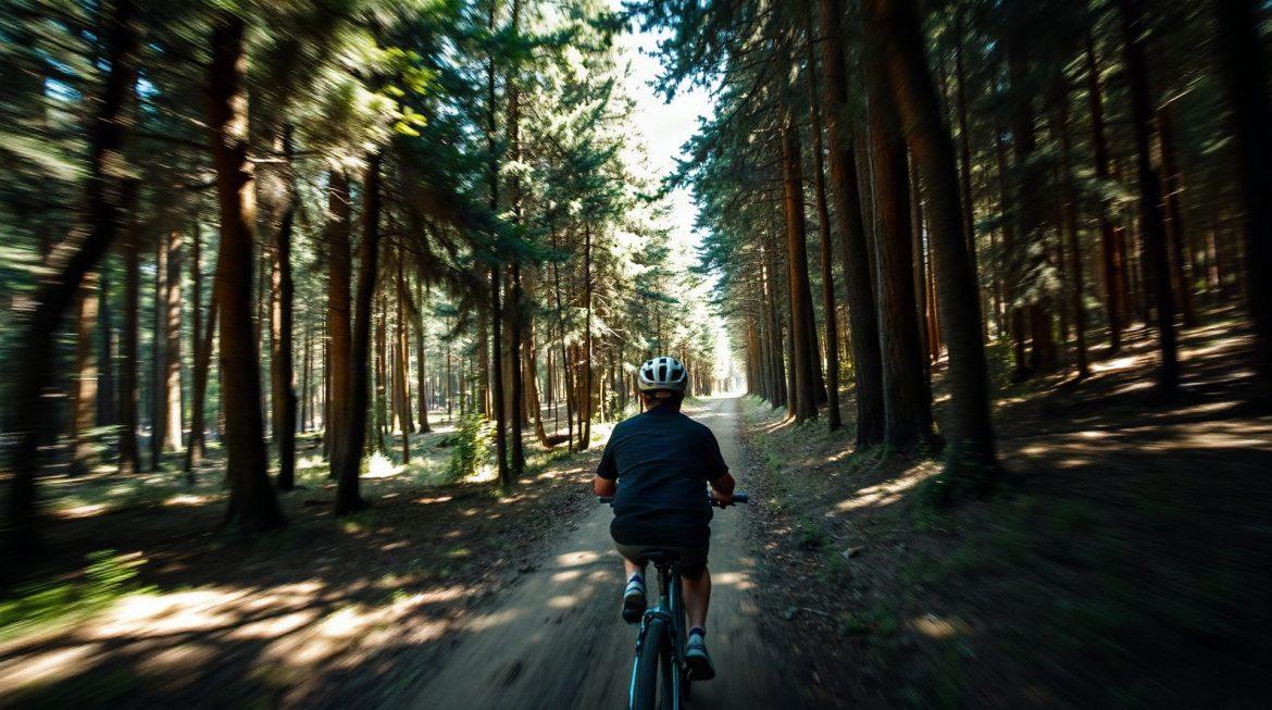 Cycliste testant un VTT sur sentier forestier