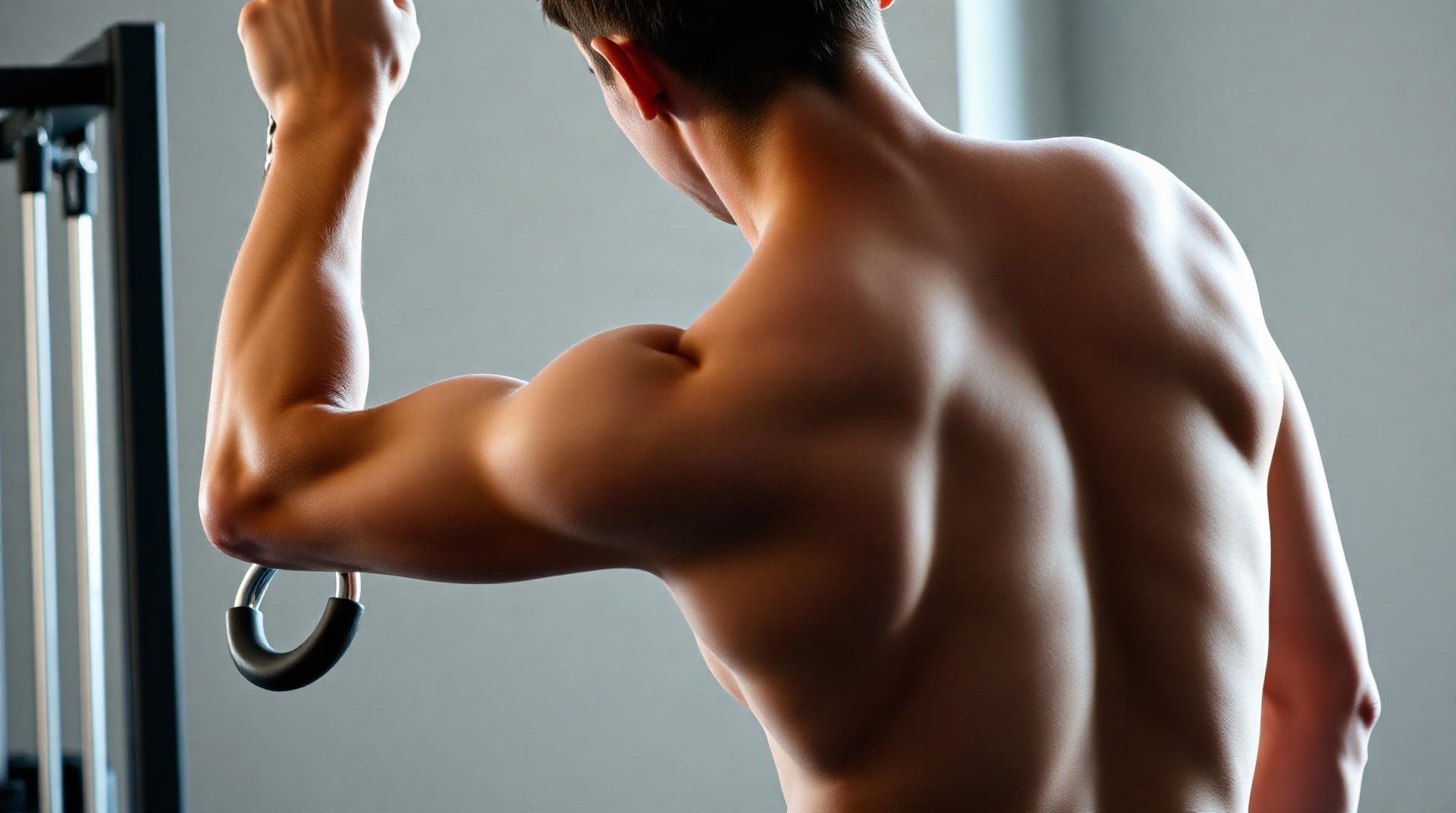 Détail du bras d'un sportif en plein effort sur exercice de triceps