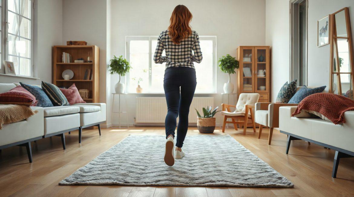Femme marchant sur un tapis de marche dans son salon