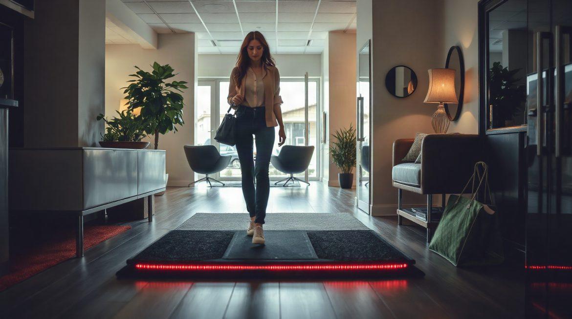 Femme marchant sur un tapis de marche électrique dans un salon moderne