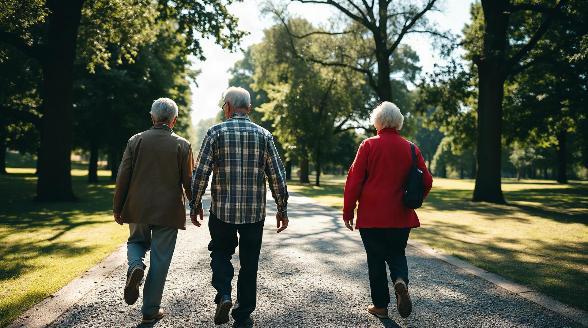 Groupe de seniors marchant ensemble dans un parc