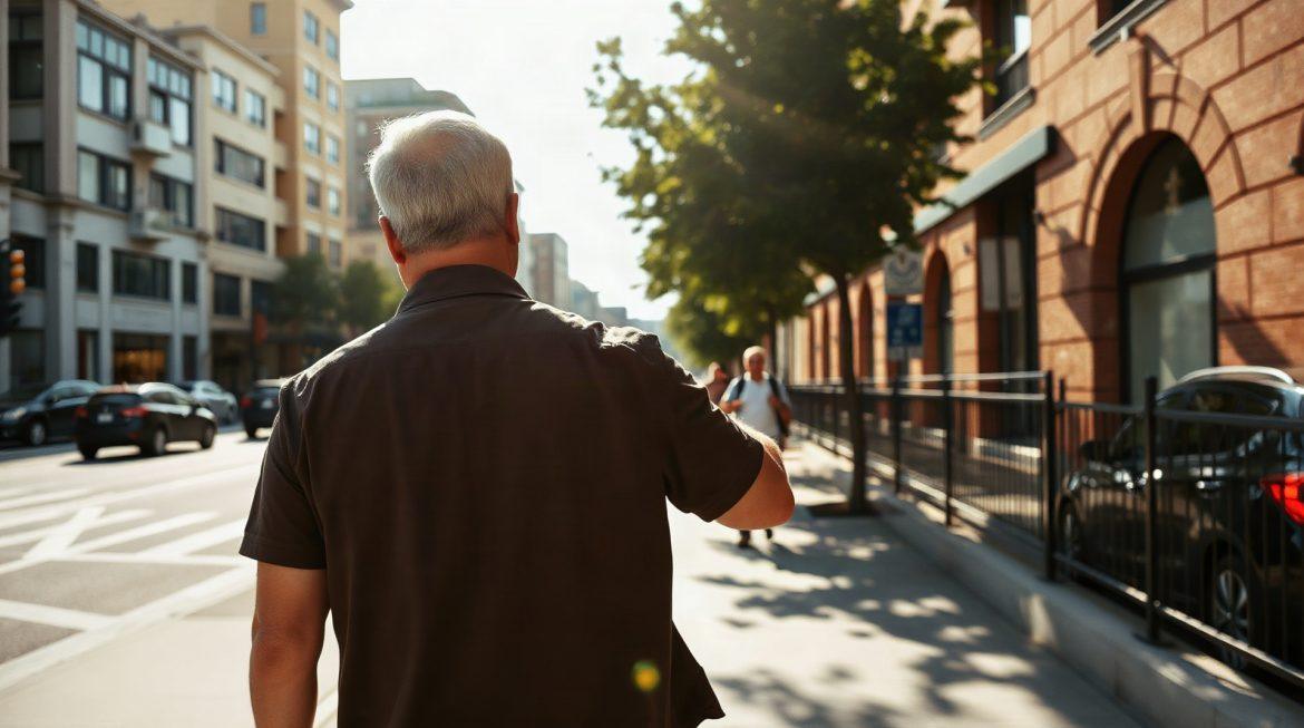 Homme marchant à vive allure sur un trottoir en ville