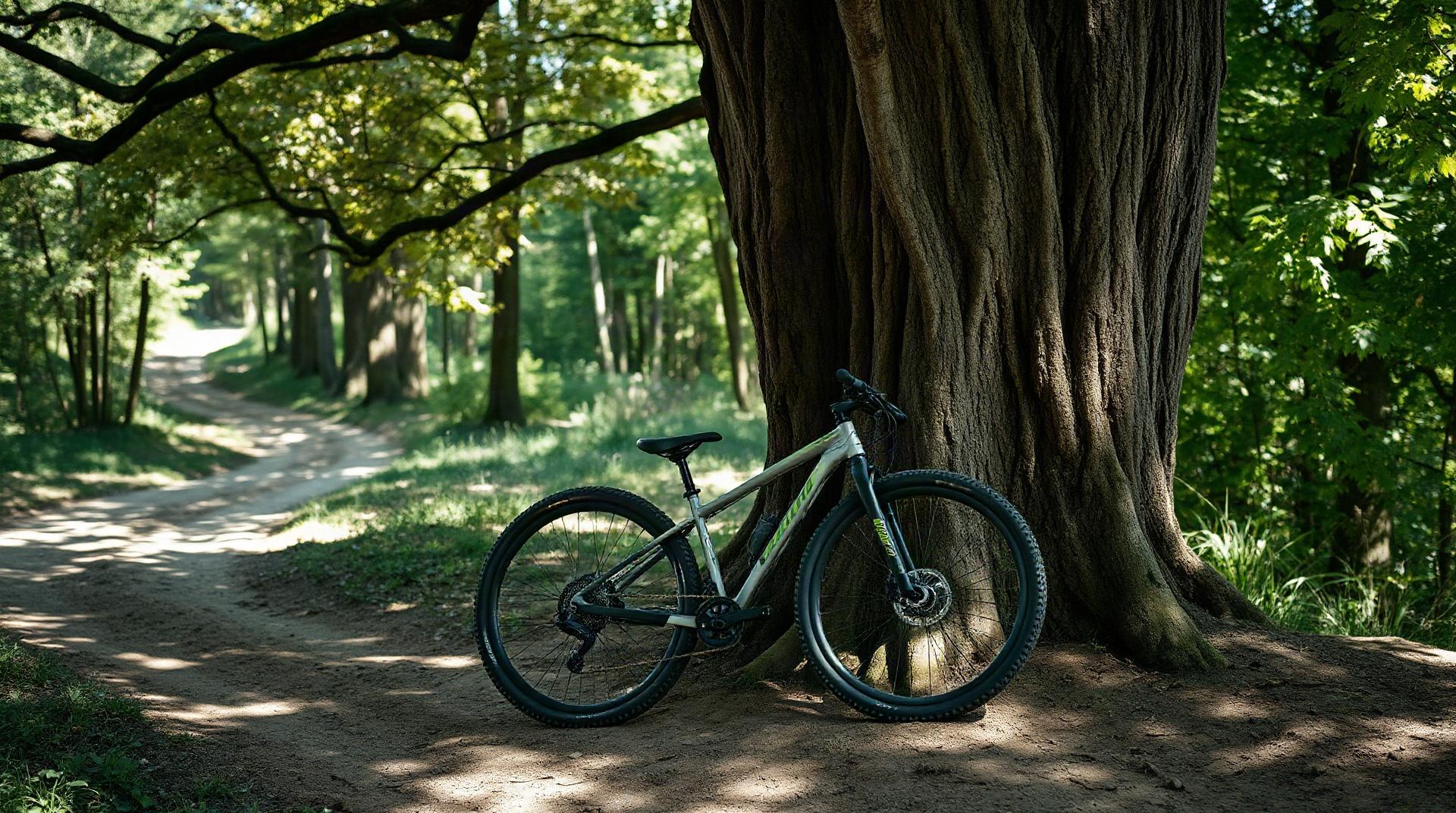 VTT appuyé contre un arbre en lisière de forêt