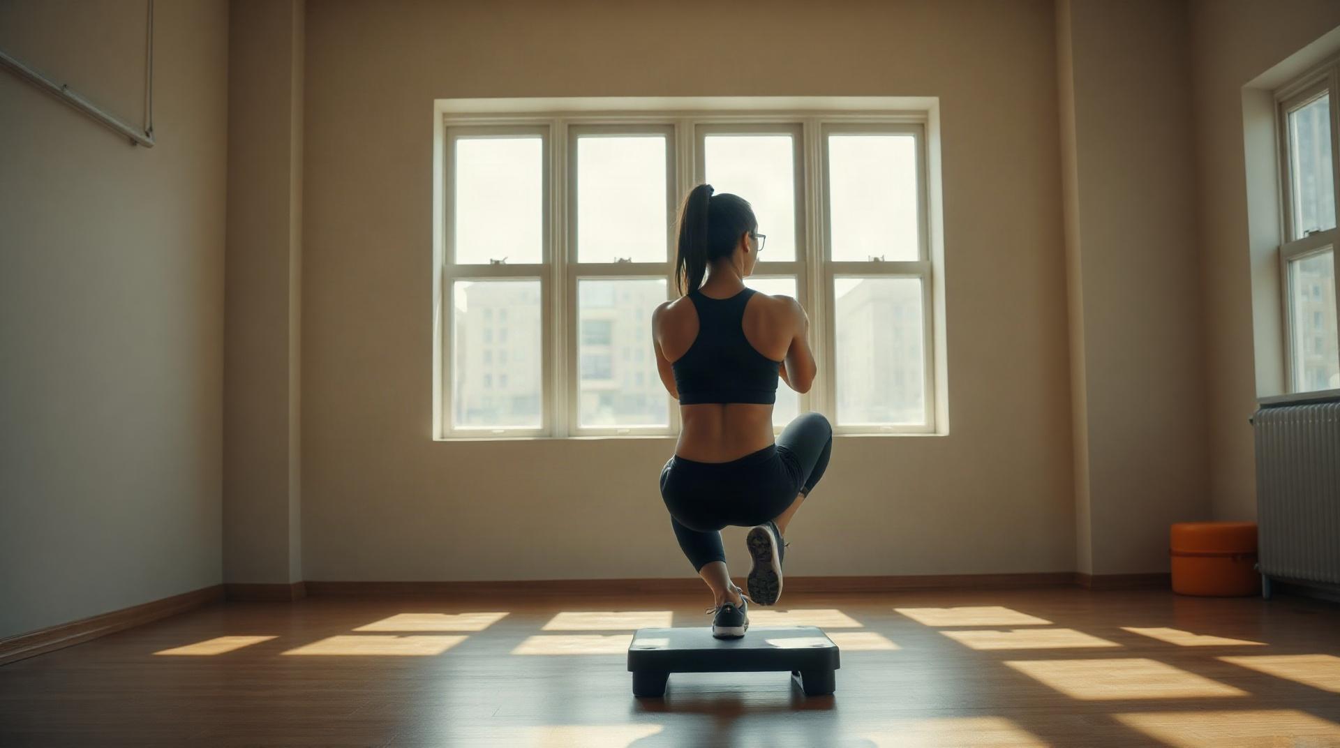 Femme réalisant un squat unilatéral sur un step en salle de sport