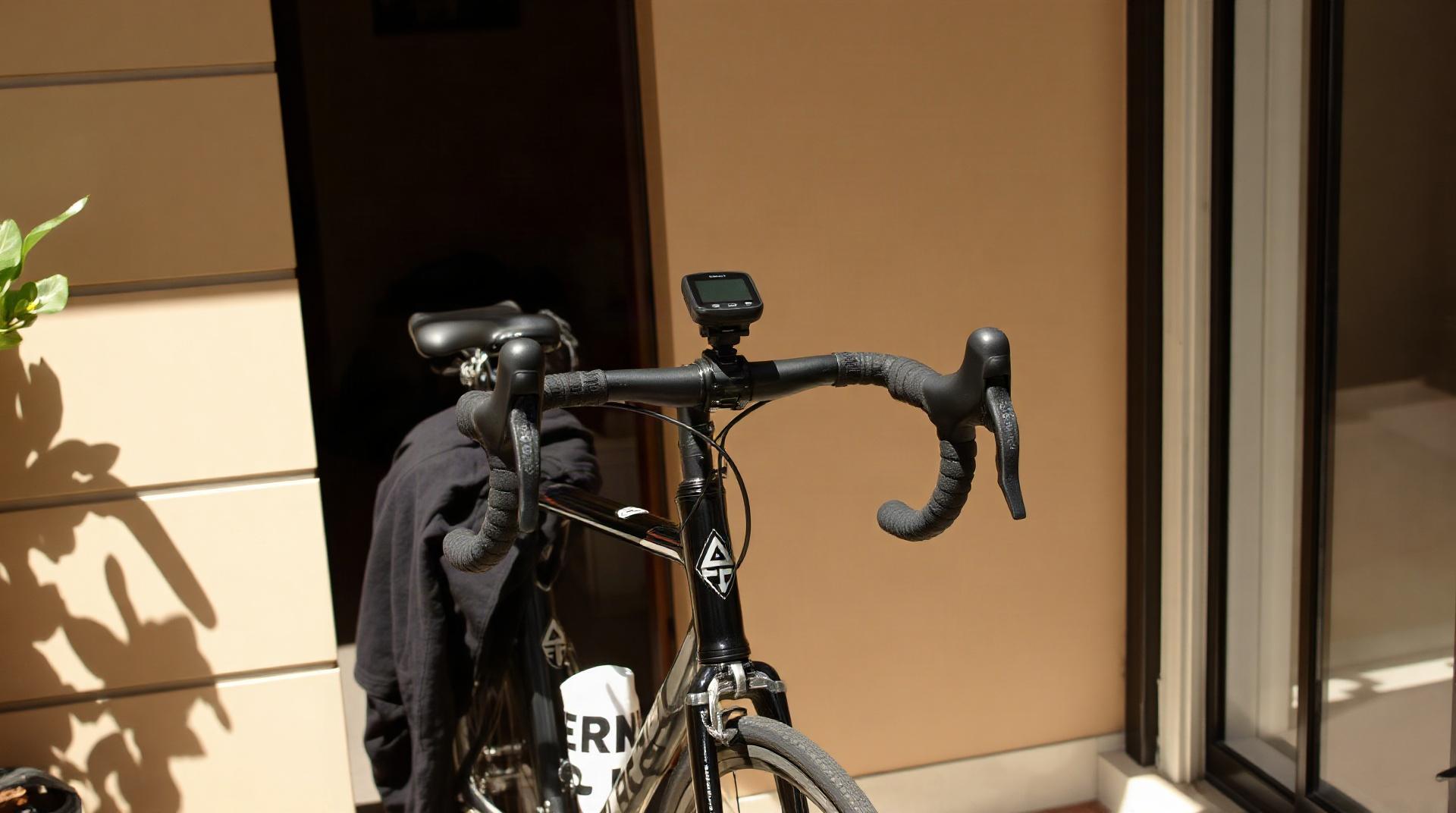 Gros plan sur un compteur GPS Garmin Edge fixé au guidon d'un vélo de route
