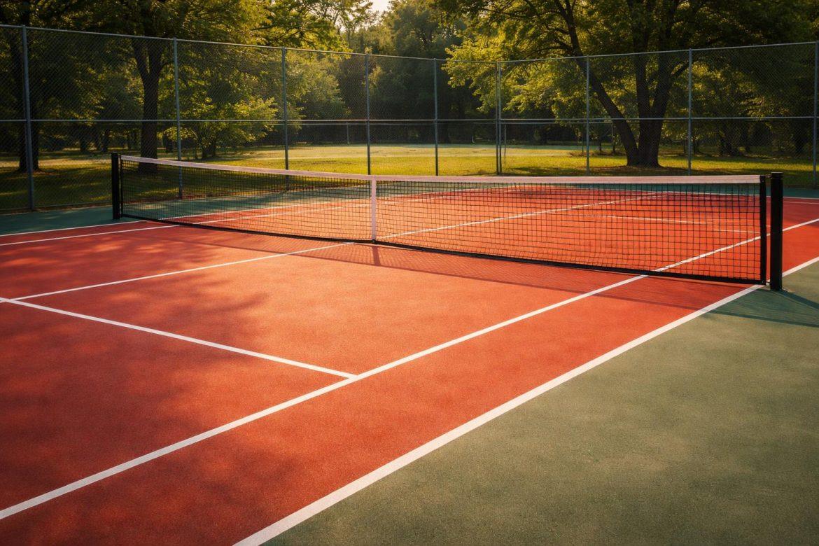Artengo raquette avis : ce que vaut vraiment la marque en 2026 Joueur de tennis en plein élan de service sur un court extérieur en résine rouge