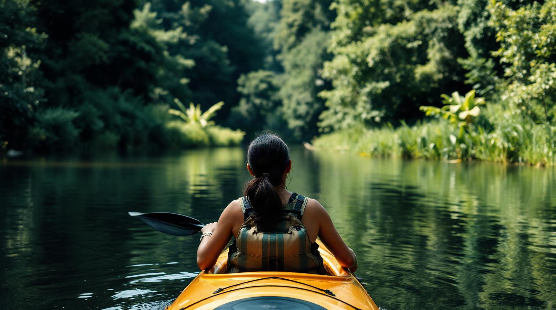 Pagayeur sur un kayak gonflable en rivière tranquille