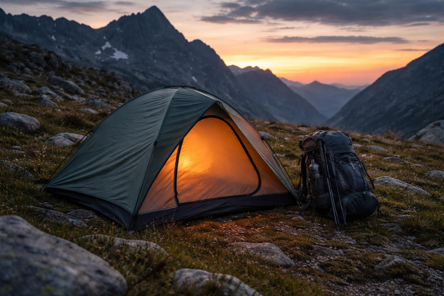 Randonneur solo posant son sac à dos devant une petite tente légère en montagne au crépusc