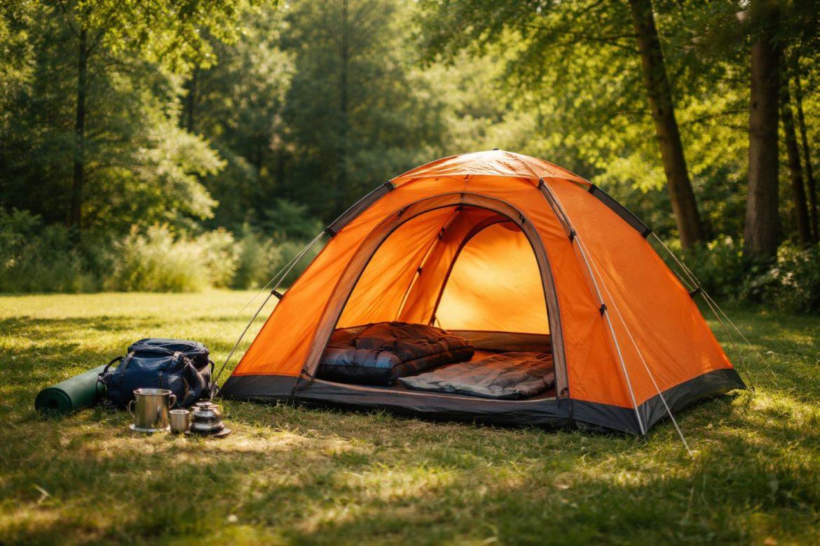 Tente Quechua 2 seconds orange déployée sur un terrain de camping verdoyant en été