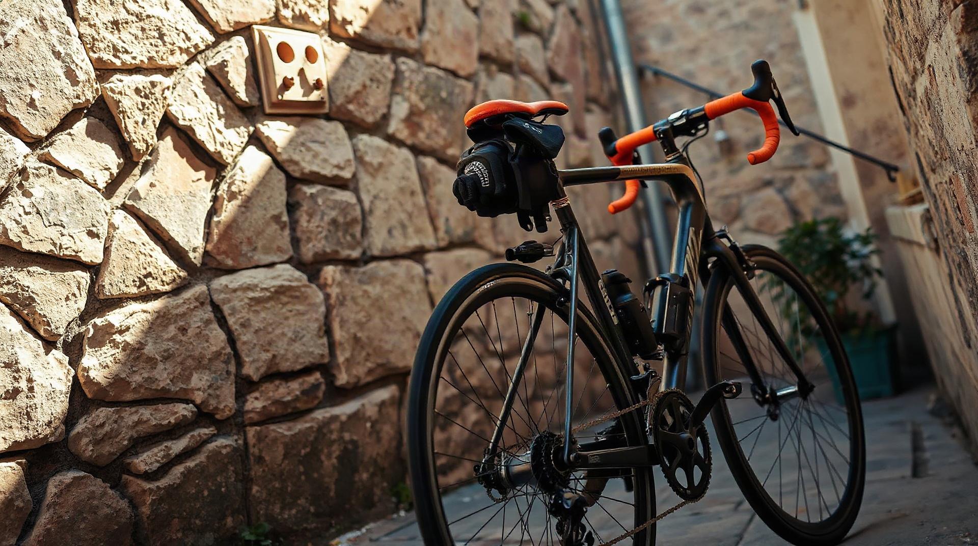 Vélo de route en carbone posé contre un mur en pierre