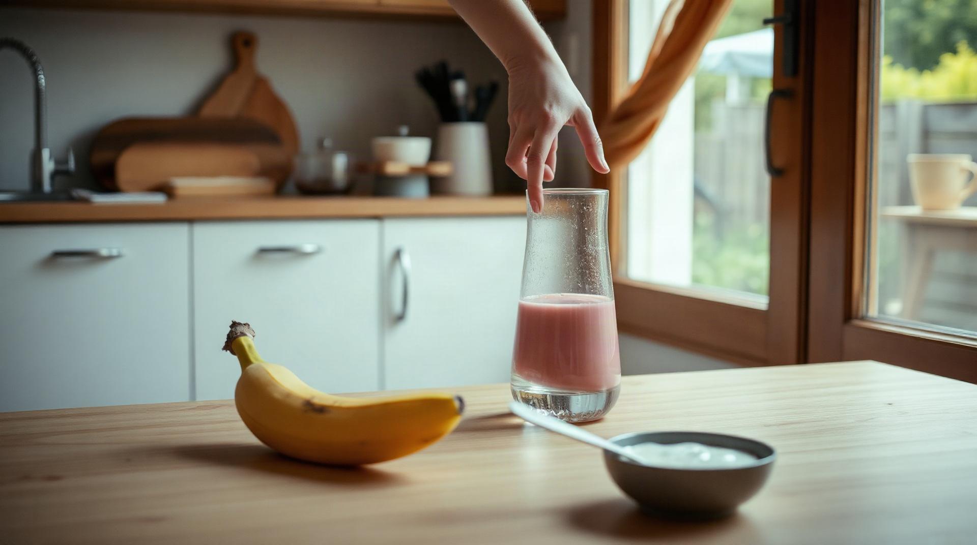Verre d'eau et collation saine posés sur une table en bois après le sport